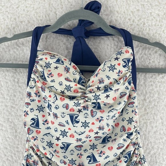Girl Howdy Nautical Ruched Halter One Piece Swimsuit‎ Womens Made in USA Size 6 - Picture 2 of 10
